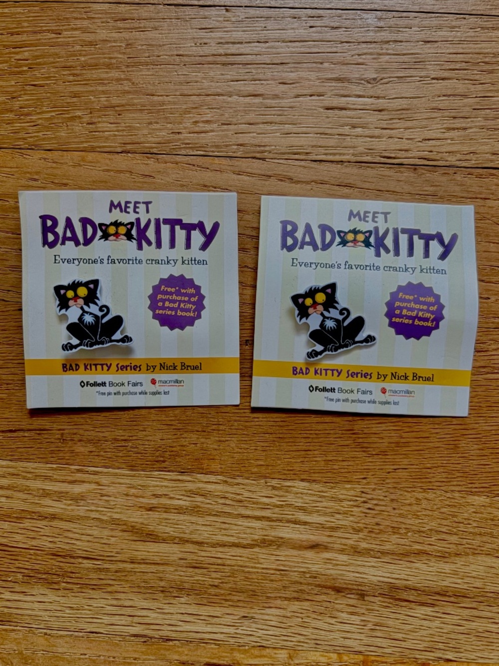 Set of 2 Bad Kitty Pins Plastic Cat Set of 2 Book Fair Exclusive Gift Kids New